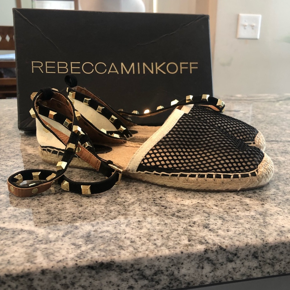 Rebecca Minkoff Gilles Black and Tan Espadrille Sandals with Box Size 8
